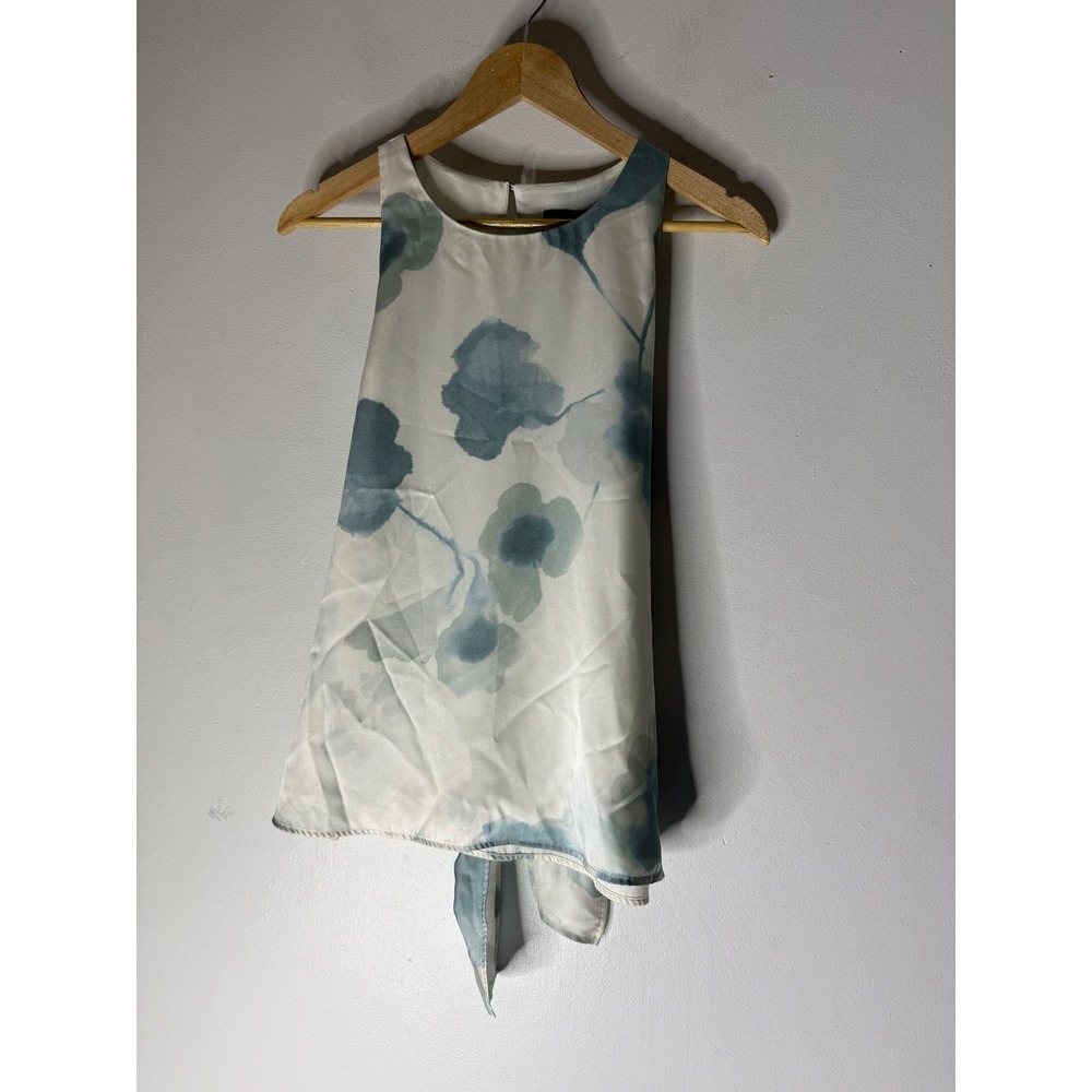 Donna Karan New York Women Blue White Floral Watercolor Tie Back Satin Blouse L